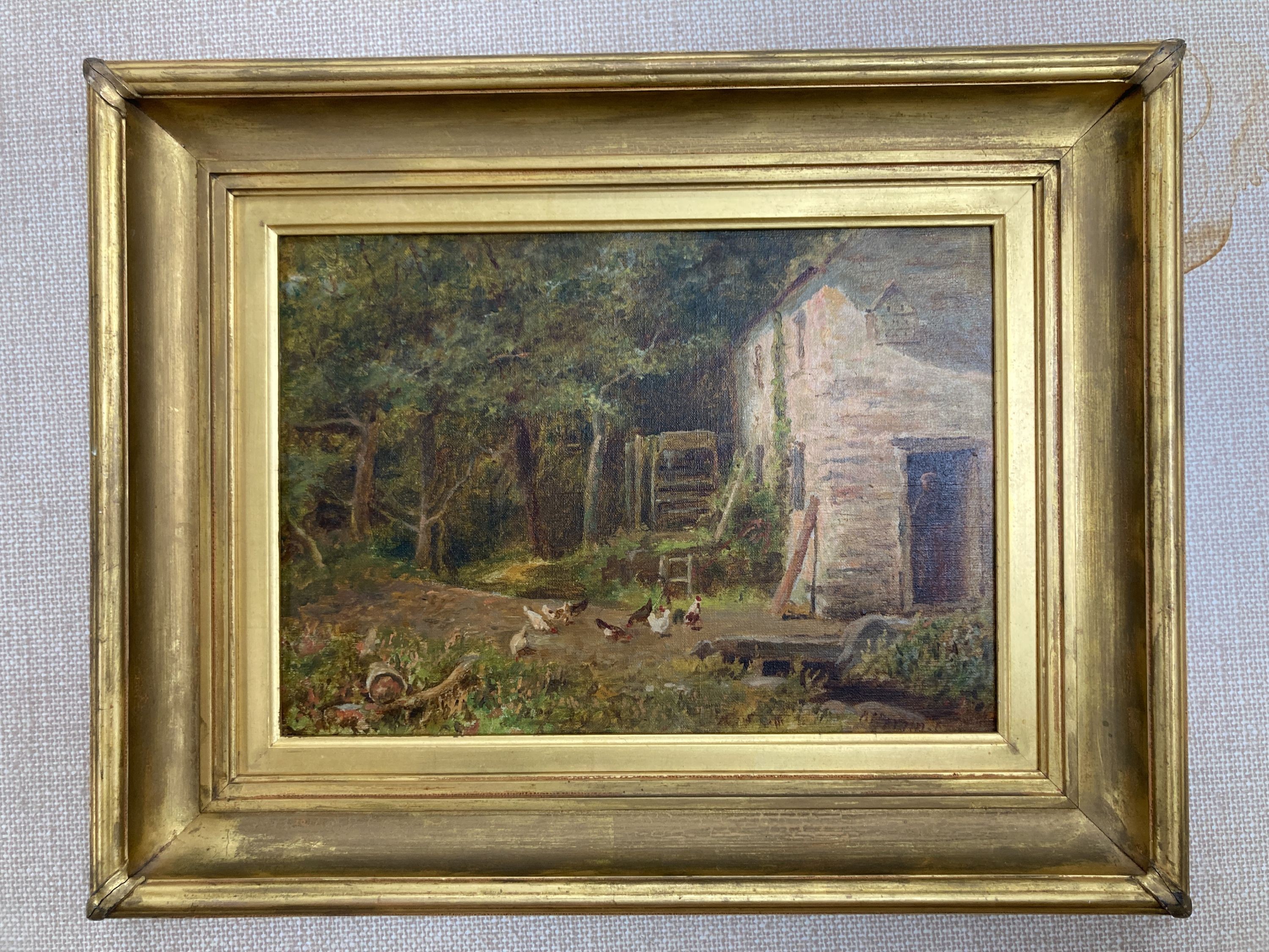Alfred Feyen Perrin (1838-1918), oil on board, farmyard scene, signed, 24 x 35cm.
